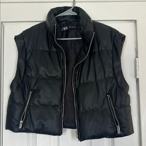 Zara Black Faux Leather Puffer Vest with Zip Pockets